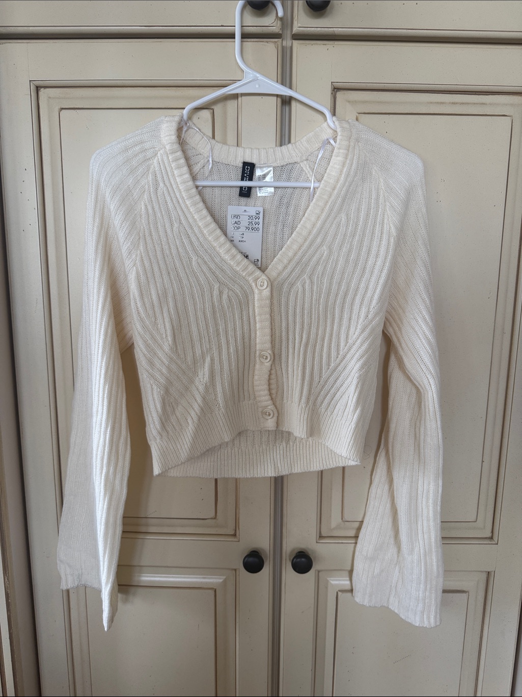 Brand New Ribbed V-Neck Cropped Cardigan - Cream - Xxs